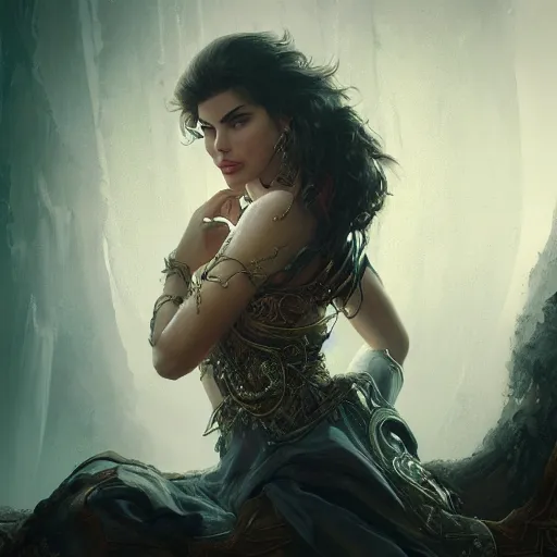 Image similar to portrait of jacqueline fernandez back, fantasy, intricate, elegant, highly detailed, digital painting, artstation, concept art, matte, sharp focus, illustration, octane render, unreal engine, art by aenaluck and roberto ferri and greg rutkowski, epic fantasy, digital painting