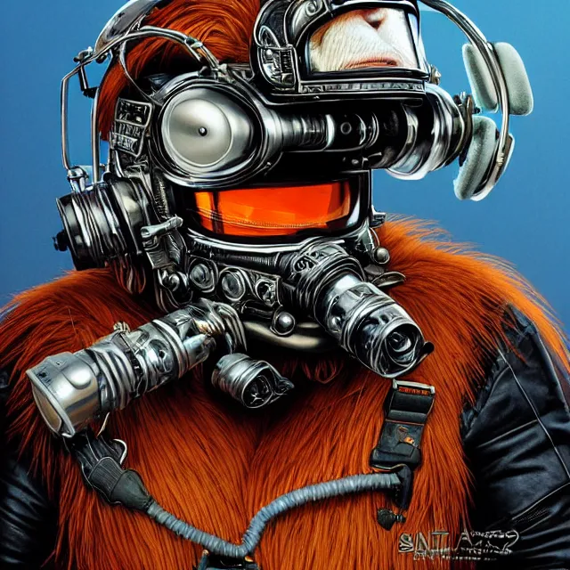 Prompt: a portrait of an anthropomorphic cyberpunk orangutan in a motorcycle helmet by sandra chevrier, detailed render, tape deck, boombox, headphones, epic composition, cybernetics, 4 k realistic, cryengine, realistic shaded lighting, sharp focus, masterpiece, by matteo scalera, gary montalbano, peter elson in the style of the tokyo ghost comic