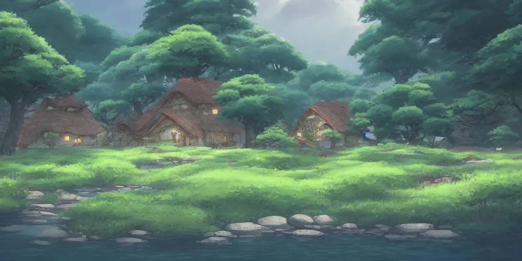 Image similar to a serene landscape with a singular building near a river with rocks at sunrise, ghibli studio, anime style, pixar style, concept art, octane render, trending on deviantart, highly detailed, high quality, soft lighting, path traced, beautiful landscape, cartoon, high coherence, cloud in the sky, digital painting, masterpiece, digital art, breathtaking landscape, soft colors, beautiful