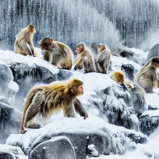 Prompt: scenic mountain setting, snow monkeys gather at the natural spa, highly detailed, snow flurry, cold, steamy, desaturated, inquisitive, striking, contemplative, watercolor, dry brush