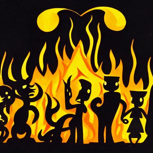 Image similar to group of cartoon characters standing in front of a fire, concept art by Lotte Reiniger, cg society, harlem renaissance, hellish background, lovecraftian, matte drawing