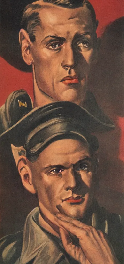 Prompt: portrait mistery man, 1940s propaganda poster, full hd,highly detailed