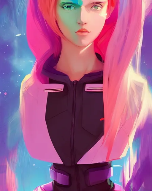 Image similar to poster woman with futuristic streetwear and hairstyle, colourful, model face, cute face, pretty face, 3/4 portrait, Galaxy eyes, beautiful, elegant, Anime by Kuvshinov Ilya, Cushart Krentz and Gilleard James, 4k, HDR, Trending on artstation, Behance, Pinterest, award winning