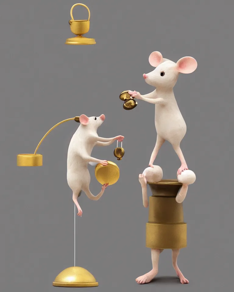 Image similar to a modern art statue of cute mouse standing on two legs and holding a round bell made with white marble and gold, trending on artstation