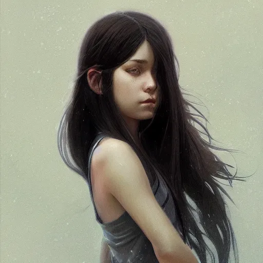 Prompt: a beautiful girl with long dark hair, portrait, sharp focus, intricate, digital painting, artstation, highly detailed, ambient lighting, illustration, art by Studio Ghibli and Greg Rutkowski