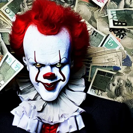 Image similar to Pennywise the clown wearing a suit and holding a stash of banknotes in his hands, full body shot