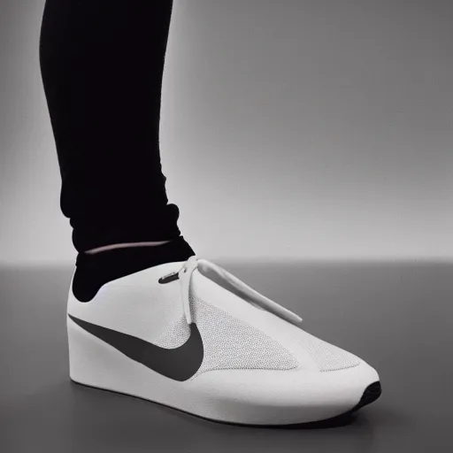 Prompt: a studio photoshoot of A Nike running sneaker designed by Dieter Rams, mesh fabrics, realistic, color film photography by Tlyer Mitchell, 35 mm, graflex