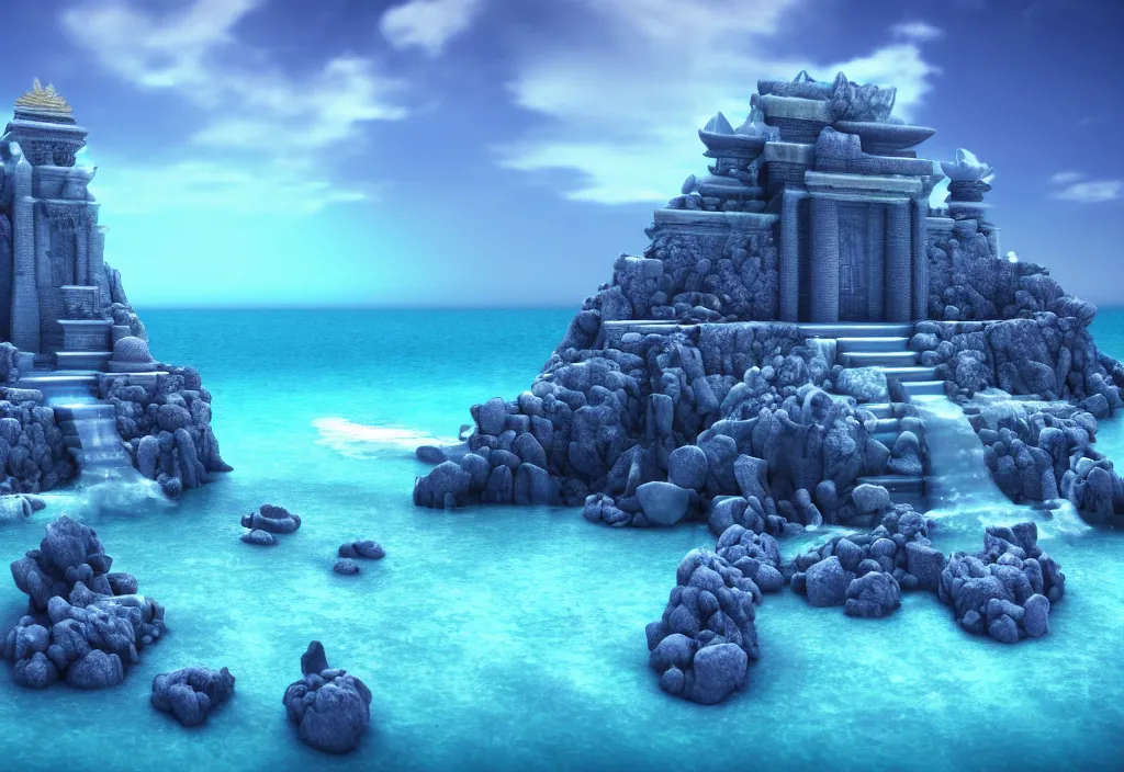 Prompt: ocean temple made out of crystalline blue stone, fantasy, mystical, ocean, 3 d, render, ocean, water, 8 k