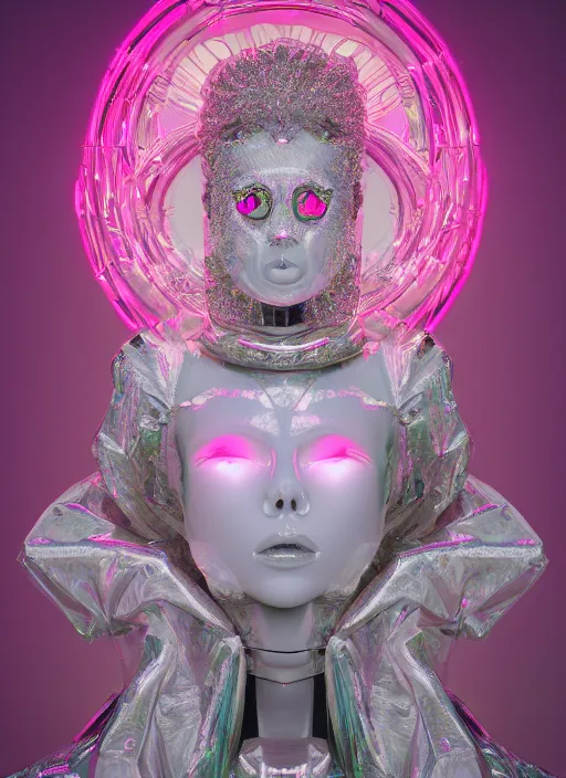 Image similar to photo of fullbodied baroque and bladerunner delicate neon diamond sculpture of seductive onyx albino marble prince adonis bosso dotado mint iridescent humanoid deity wearing pink plastic trashbag hooded cloak holding diamond skull in a white alien dungeon, reclining, glowing magenta face, crown of white diamonds, cinematic lighting, photorealistic, octane render 8 k depth of field 3 d