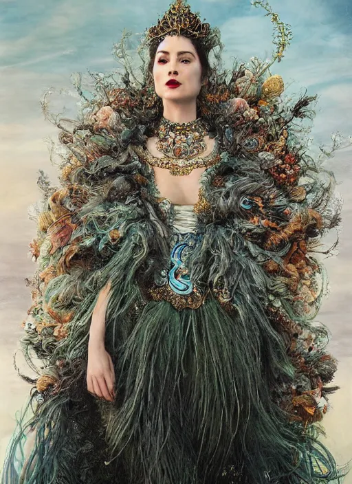 Prompt: real photoshoot queen of oceans, wearing a full feathered cloak and a fancy silk floral dress, ornate, ultra realistic, concept art, intricate details, eerie, highly detailed, photorealistic, octane render, 8 k, unreal engine. art by artgerm and greg rutkowski and charlie bowater and magali villeneuve and gustav klimt