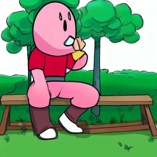 Prompt: Kirby depressed sitting on a bench eating a hamburger