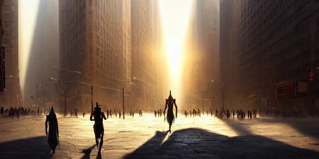 Prompt: an egyptian god walking the streets of new york, god rays, digital art, landscape, fantasy art, octane render, unreal engine, high detail, very realistic, by greg rutkowski. by james gurney