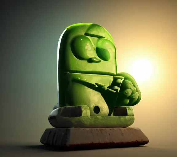 Prompt: godrays hit a small antiqueSpongebob statue! made of translucent green jade, light is passing through it, subsurface scattering, Godrays, Volumetric Lighting, Rendering, Octane