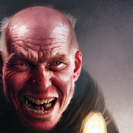 Image similar to portrait of a red bald man with black eyes and a black teeth, horror, glowing eyes, by Stanley Artgerm Lau , greg rutkowski, thomas kindkade, alphonse mucha, loish, norman rockwell. Trending on artstation detailed illustration hd 4k