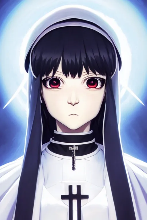 Image similar to portrait Anime cyborg girl in nun clothes, holy church Warhammer 40000, cute-fine-face, white-hair pretty face, realistic shaded Perfect face, fine details. Anime. realistic shaded lighting by Ilya Kuvshinov katsuhiro otomo ghost-in-the-shell, magali villeneuve, artgerm, rutkowski, WLOP Jeremy Lipkin and Giuseppe Dangelico Pino and Michael Garmash and Rob Rey