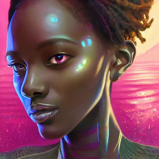 Image similar to african hydropunk princess, science fiction, highly detailed, digital painting, beautiful eyes, symmetry, concept art, sharp focus, illustration, global illumination, radiant light, synthwave colors, detailed and intricate environment, art by artgerm and greg rutkowski and magali villeneuve and ilya kuvshinov!