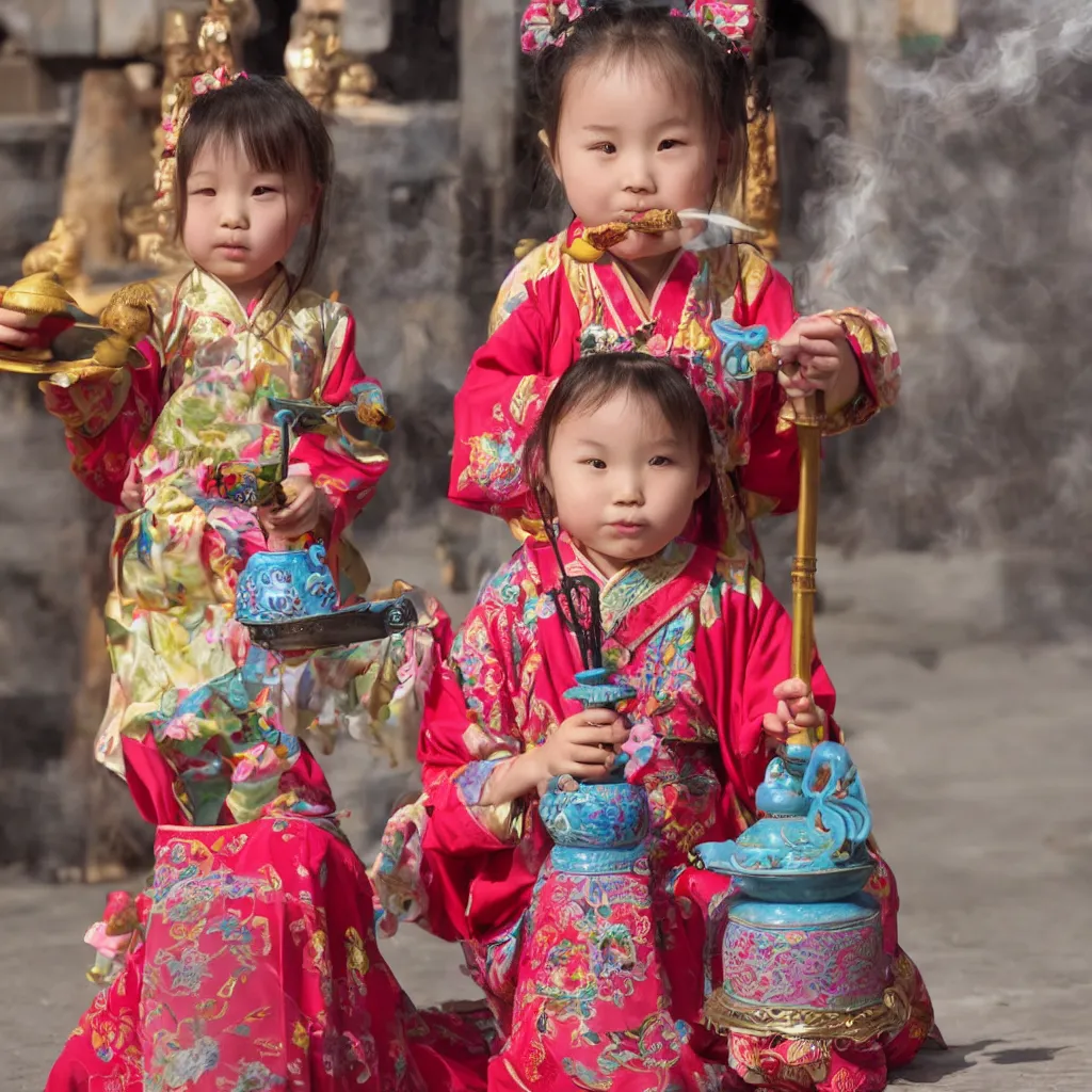 Prompt: Chinese cute little girl holding incense burner