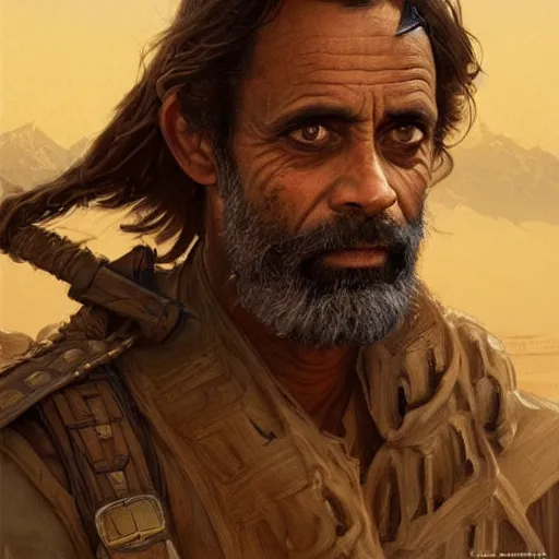 Prompt: male rugged bearded desert nomad warrior, alexander siddig, portrait, D&D, fantasy, highly detailed, digital painting, artstation, concept art, sharp focus, illustration, art by artgerm and greg rutkowski and alphonse mucha