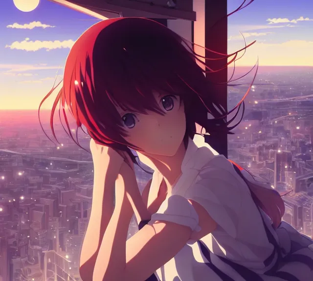 Prompt: anime visual, full body portrait of a young female sightseeing in a part above the city, beautiful face by yoh yoshinari, katsura masakazu, dramatic lighting, dynamic pose, dynamic perspective, strong silhouette, anime cels, ilya kuvshinov, cel shaded, outlined edges!!, rounded eyes, moody, detailed character