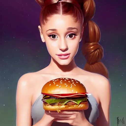 Prompt: portrait of Ariana Grande eating a giant hamburger , extra onions and ketchup, luscious patty with sesame seeds, feminine ethereal, handsome, D&D, fantasy, intricate, elegant, highly detailed, digital painting, artstation, concept art, matte, sharp focus, illustration, art by Artgerm and Greg Rutkowski and Alphonse Mucha