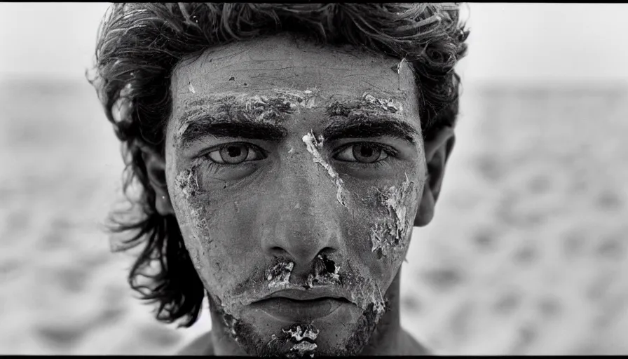 Image similar to 1 9 6 0 s movie still close up of marcus atilius regulus'face with the eyes wide open and ripped off eyelid, his body buried in the sand, cinestill 8 0 0 t 3 5 mm b & w, high quality, heavy grain, high detail, texture, dramatic light, anamorphic, hyperrealistic, detailed hair