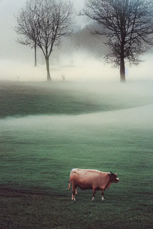 Image similar to film color photography, cow in the blue fog at the lawn, mountains in distance, 35mm