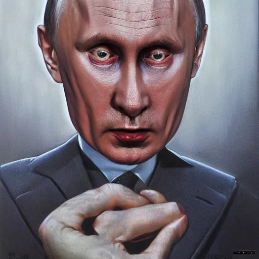 Image similar to Portrait by H.R.Giger of Igor Vladimir Putin who became a degenerate horror Abomination, photo-realistic, color image, 2K, highly detailed