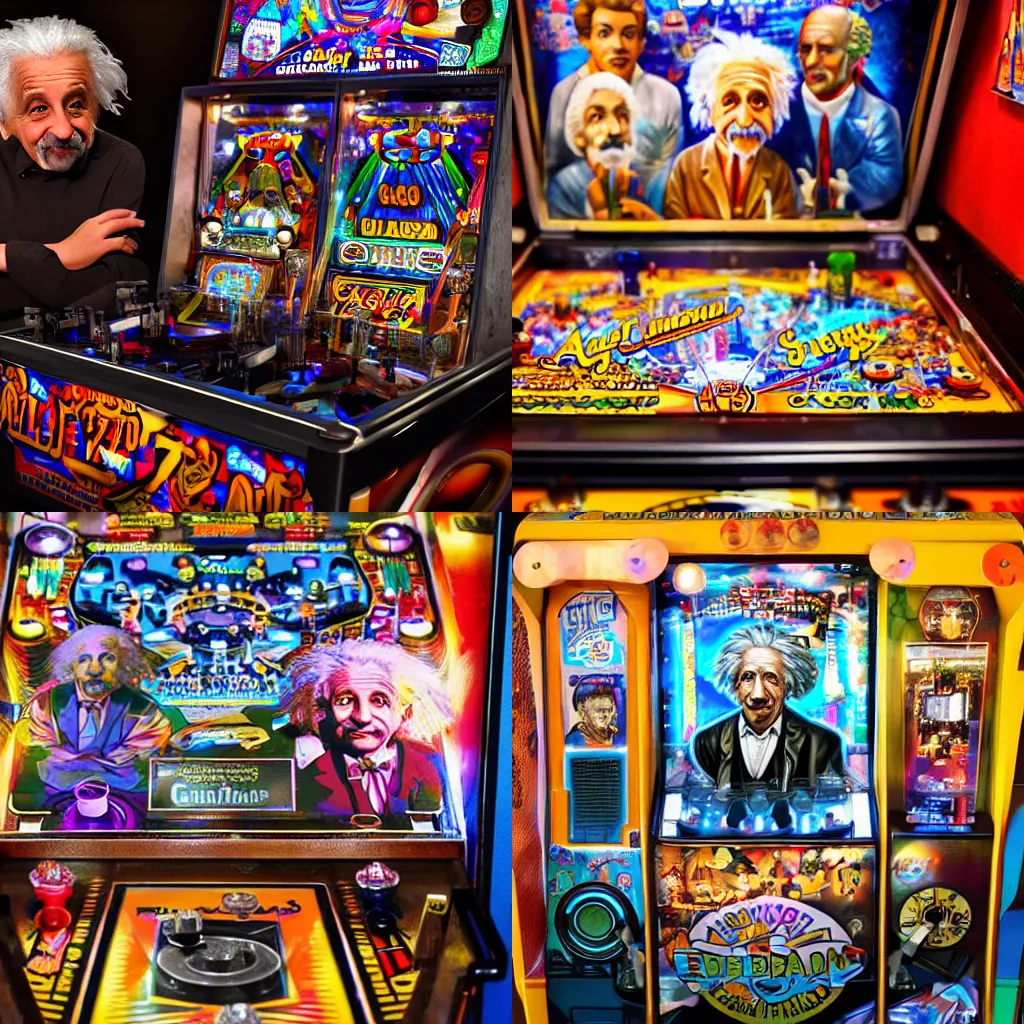 Prompt: detailed photo of Albert Einstein at a pinball machine, trending on artstation