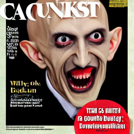 Prompt: count orlok glamour shot, mouth open slightly, front page of a popular magazine, professional photograph