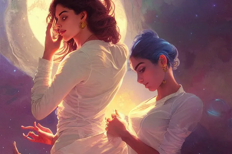 Image similar to Sensual good looking pale young Indian doctors wearing jeans in a space station above Earth, portrait, elegant, intricate, digital painting, artstation, concept art, smooth, sharp focus, illustration, art by artgerm and greg rutkowski and alphonse mucha