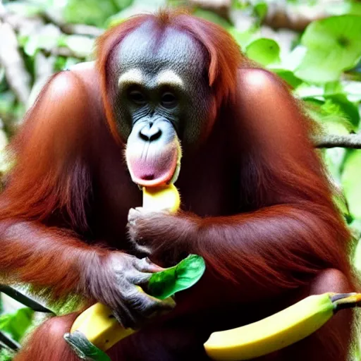 Image similar to an orangutang putin eating a banana