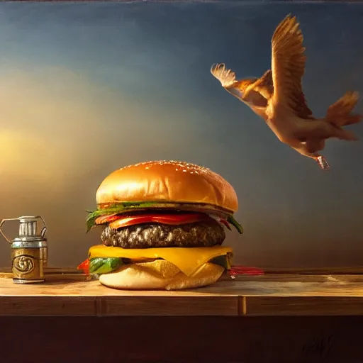 Image similar to a cheeseburger with wings, flapping its wings flying in sunset sky, oil on canvas, portrait, intricate, 8k highly professionally detailed, HDR, CGsociety