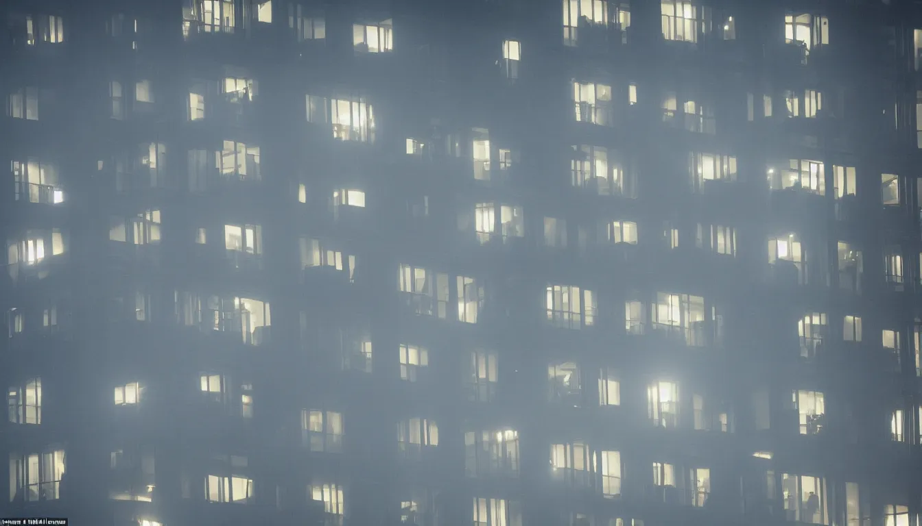 Image similar to Spying into the windows of a small tower block from outside , observing the private lives of the human inhabitants, volumetric lighting shines through the misty nighttime sky , full color