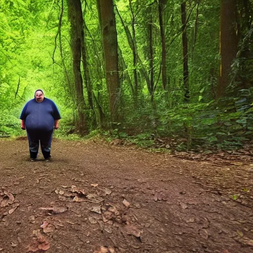 Prompt: obese man in a forest at night, trail cam, CCTV footage