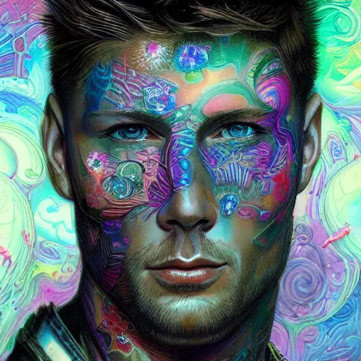 Image similar to portrait of jensen ackles, hyper detailed masterpiece, neon floral pattern, jean giraud, digital art painting, darkwave goth aesthetic, psychedelic, artgerm, donato giancola and tom bagshaw