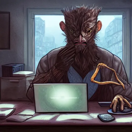 Prompt: a life-like photographic fantasy art raptorial composition of hawk office worker bird-man at computer desk facial portraiture, bird-man is lying on the desk with a baleful eye regarding the computer screen, tired, in stunning digital paint, trending fantasy art by Michael Whelan