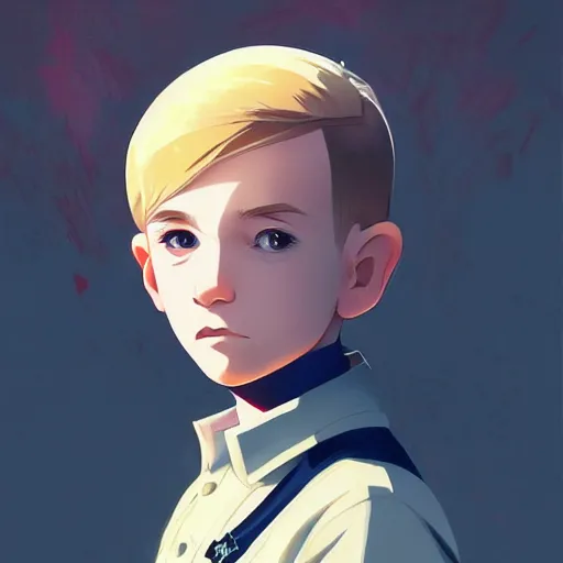 Image similar to portrait of blonde little boy wearing nazi uniform by ilya kuvshinov and anna dittmann and studio ghibli and wlop and rossdraws, digital art, trending on artstation, anime arts, featured on pixiv, red lighting, hd, 8 k, highly detailed, good lighting, beautiful, epic, masterpiece