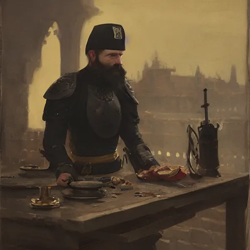Image similar to Medium shot frustrated and acerbic male bearded Imperial soldier wearing a {black and yellow tabard} over a steel breastplate and a black gambeson leaning over a table, by Raymond Swanland Greg Rutkowski Lise Deharm, {perfect face}, {perfect eyes}, {perfect body}, {hands planted on table},