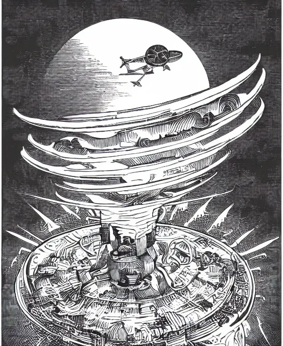 Image similar to alien mothership beaming up books on white background, art by james o barr and albrecht durer, woodblock print, engraved, black and white, vector, vector art