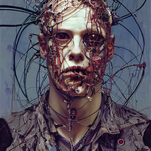 Prompt: a lost male cyberpunk hacker, skulls, wires cybernetic implants, machine noir dieselpunk grimcore, in the style of adrian ghenie esao andrews jenny saville surrealism dark art by james jean takato yamamoto and by ashley wood