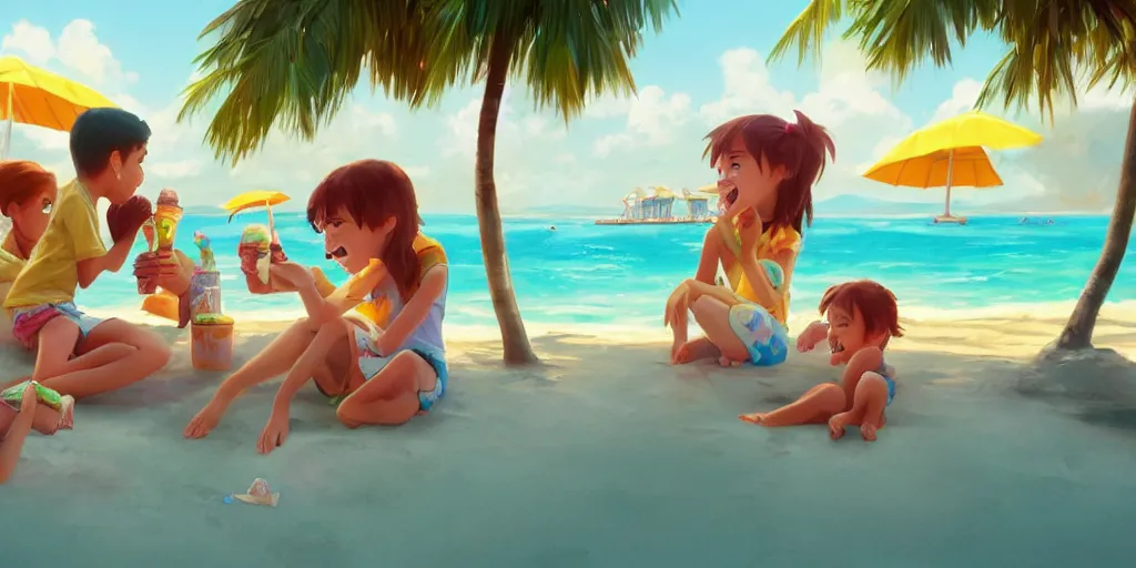 Prompt: a wholesome animation key shot of kids eating ice cream at a tropical beach, medium shot, waist up, studio Pixar and Disney animation, sharp, very detailed, high resolution, Rendered in Unreal Engine 5, anime key art by Greg Rutkowski, Bloom, dramatic lighting