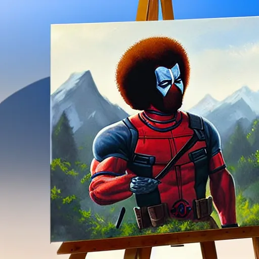 Image similar to a closeup photorealistic photograph of bob ross working on a canvas painting of deadpool. film still. brightly lit scene. mountains and trees. this 4 k hd image is trending on artstation, featured on behance, well - rendered, extra crisp, features intricate detail, epic composition and the style of unreal engine.