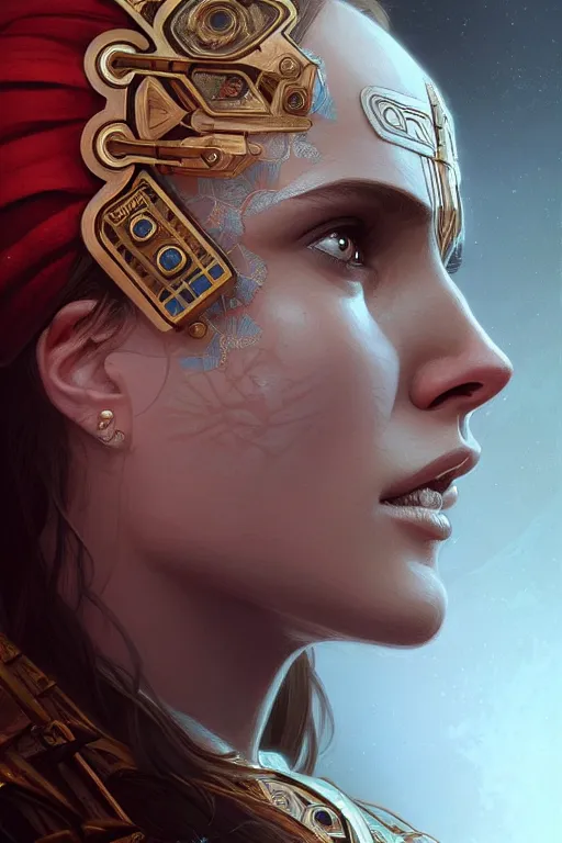 Image similar to symmetry!! portrait of natalie portman in the style of god of war, machine parts embedded into face, intricate, elegant, highly detailed, digital painting, artstation, concept art, smooth, sharp focus, illustration, art by artgerm and greg rutkowski and alphonse mucha, 8 k