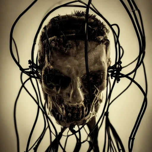 Image similar to a dark occult cyberpunk ritual of wires broken skulls skin and decay, moody, hyperrealism, 8 k photo, atmospheric