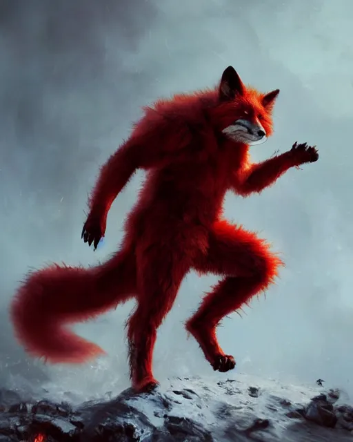 Image similar to oil painting of Angry Anthropomorphized Fox Berserker, wearing red fur, claws, sharp focus, attack pose, fantasy style, octane render, volumetric lighting, 8k high definition, by greg rutkowski, highly detailed, trending on art Station, magic the gathering artwork, burning Battlefield background, centered