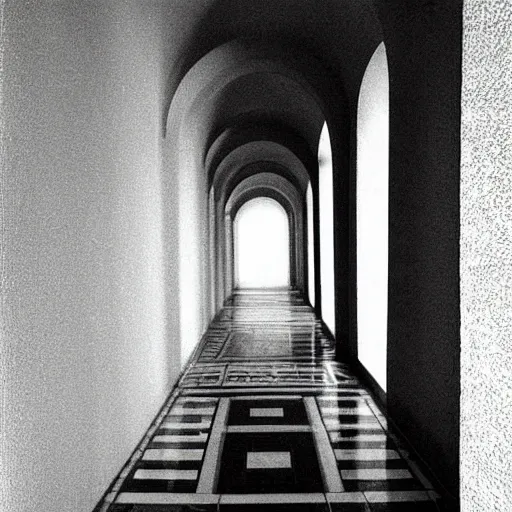 Prompt: Beautiful Fuzzy wide-eye-lens 15mm, harsh flash, cameraphone 2002, Photograph of an tiled infinite foggy liminal pool hallway with archways and water on the floor