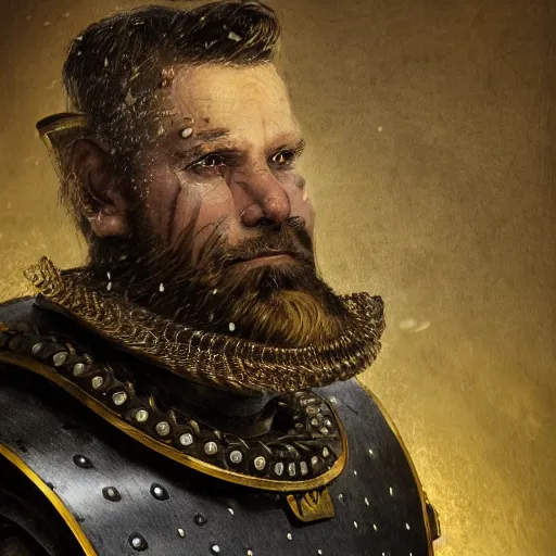 Prompt: Closeup of frustrated and acerbic male medieval sergeant with a {short} beard wearing a {black and yellow tabard} over a steel breastplate and a black gambeson looking up from a map on a table, intricate, dramatic lighting illustration by Greg Rutkowski, {perfect face}, {perfect eyes}, fantasy