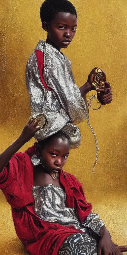 Prompt: masterpiece oil painting, one african teenager playing with large silver yo yo female, charles vess, gold silk intricate stitched patterned clothes,, hdri lighting, octane