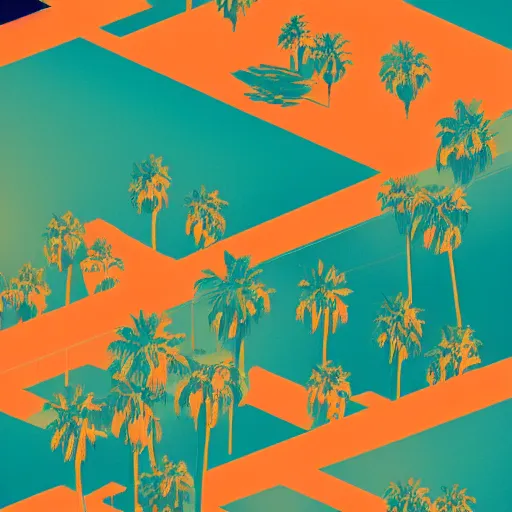 Image similar to a beautiful two color illustration of palm springs by James gilleard, green, orange, artstation HD, geometric lines, HD, 4k, 8k