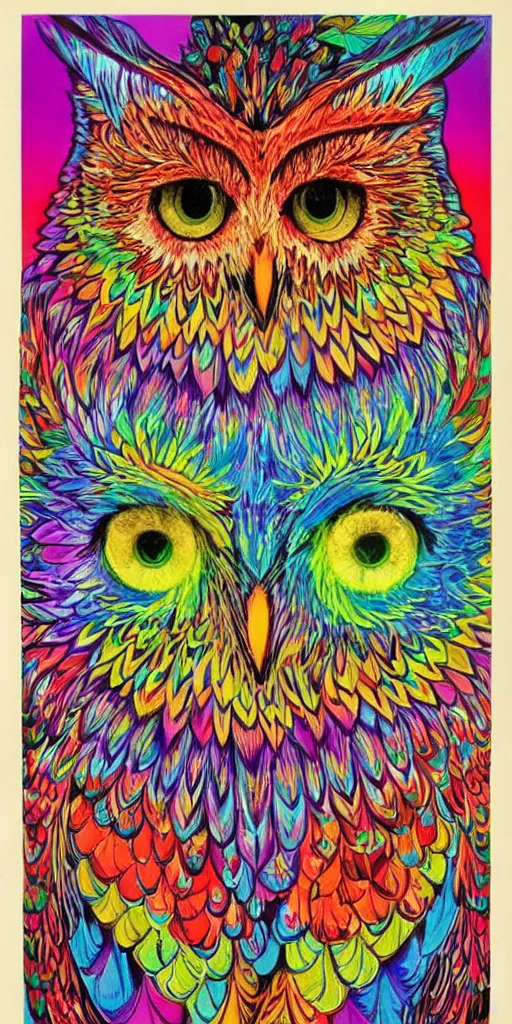 Prompt: 70’s psychedelic poster owl Louis Wain colorful dichroic